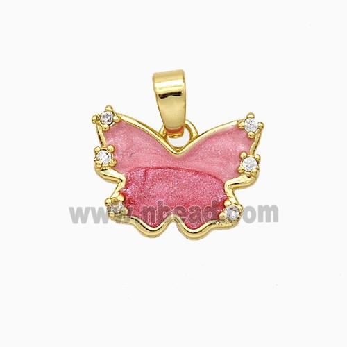 Copper Butterfly Pendant Pave Zirconia Pink Painted Gold Plated