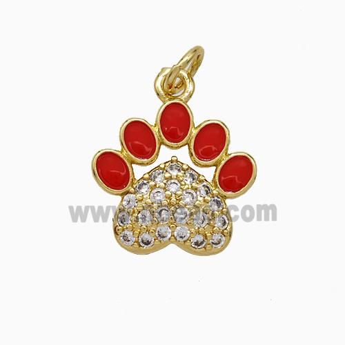 Copper Paw Charms Pendant Pave Zirconia Red Enamel Gold Plated