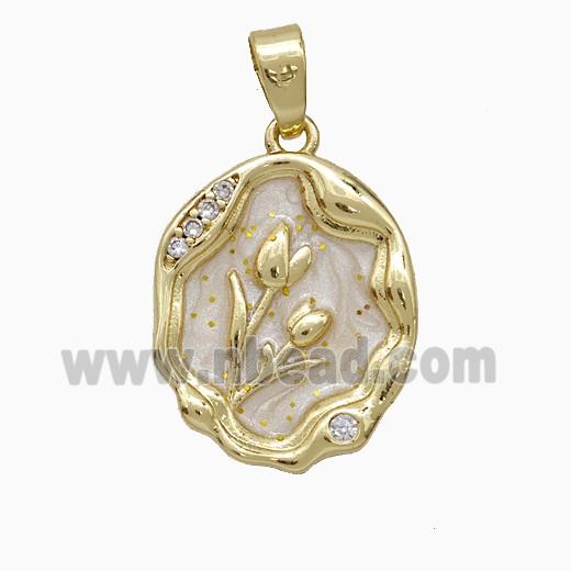 Copper Flower Pendant Pave Zirconia White Painted Gold Plated