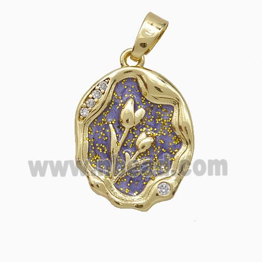 Copper Flower Pendant Pave Zirconia Purple Painted Gold Plated