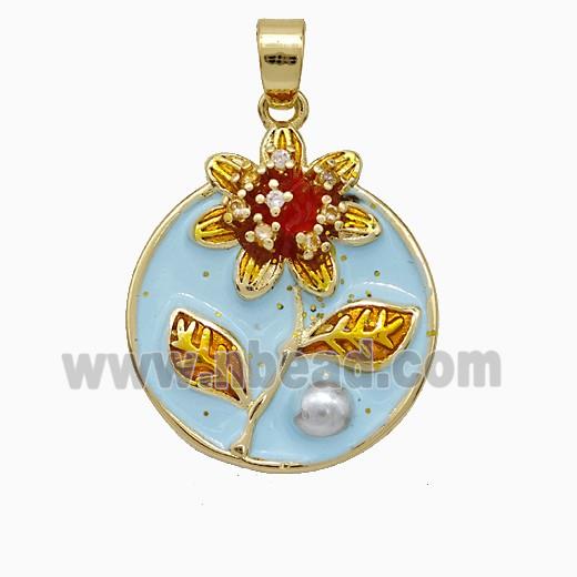 Copper Flower Pendant Pave Pearlized Resin Blue Painted Gold Plated