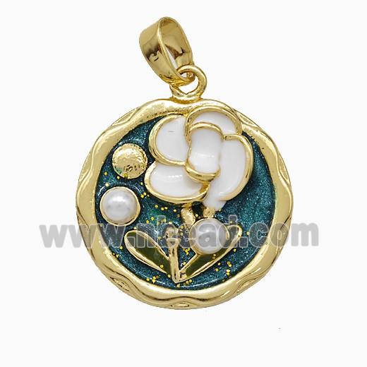 Copper Flower Pendant Pave Pearlized Resin Painted Gold Plated