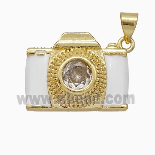 Copper Camera Pendant Pave Zirconia White Enamel Gold Plated