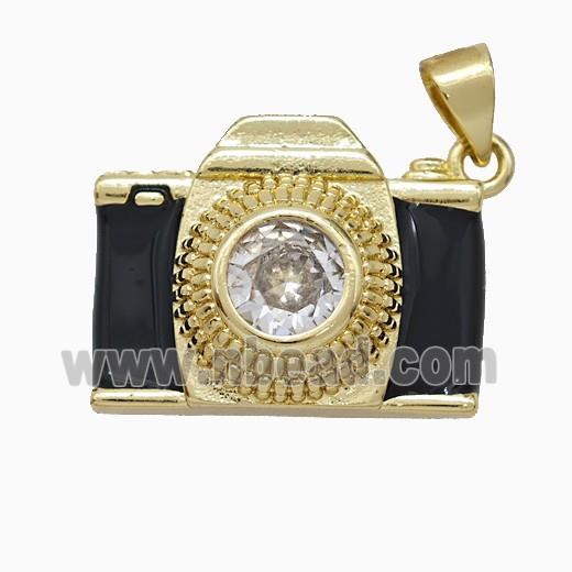 Copper Camera Pendant Pave Zirconia Black Enamel Gold Plated