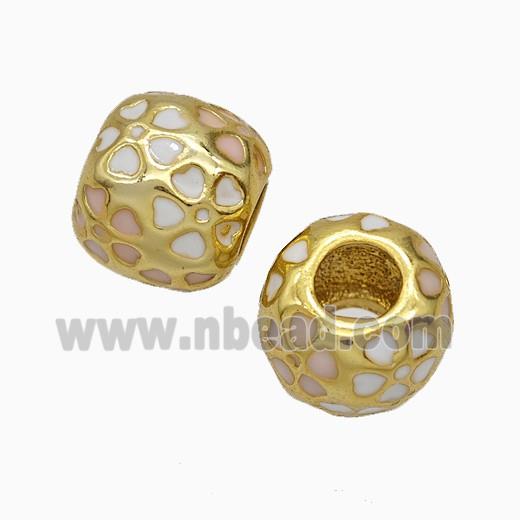 Copper Round Beads White Heart Enamel Large Hole Gold Plated