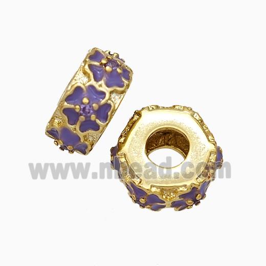 Copper Hexagon Beads Large Hole Enamel Purple Flower Gold Plated