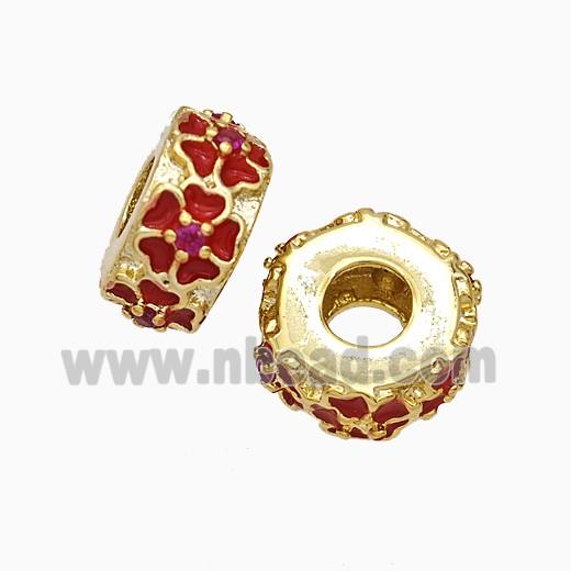 Copper Hexagon Beads Large Hole Red Enamel Flower Gold Plated