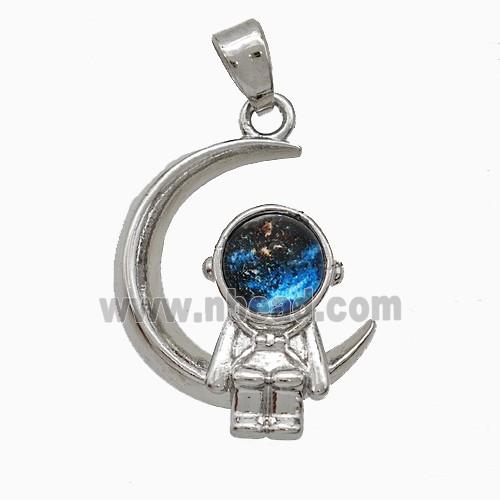 Copper Astronaut And Moon Pendant Pave Resin Platinum Plated