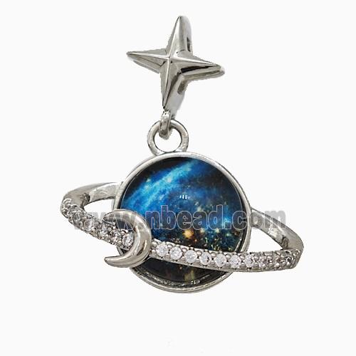 Copper Planet Pendant Pave Zirconia Resin Platinum Plated