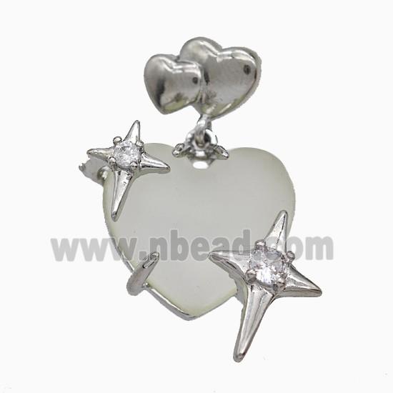 Lt.green Resin Heart Pendant Copper Star Pave Zirconia Platinum Plated