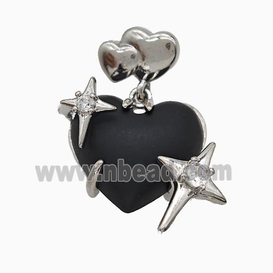 Black Resin Heart Pendant Copper Star Pave Zirconia Platinum Plated