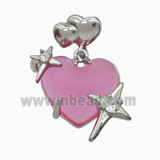 Hotpink Resin Heart Pendant Copper Star Pave Zirconia Platinum Plated
