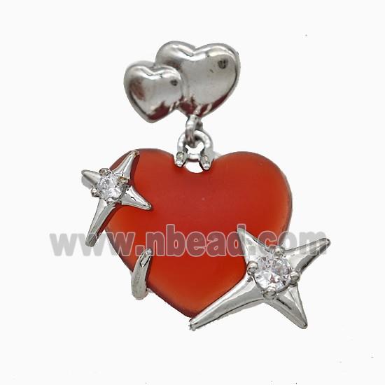 Red Resin Heart Pendant Copper Star Pave Zirconia Platinum Plated