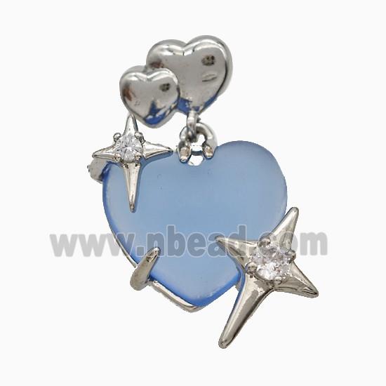 Blue Resin Heart Pendant Copper Star Pave Zirconia Platinum Plated