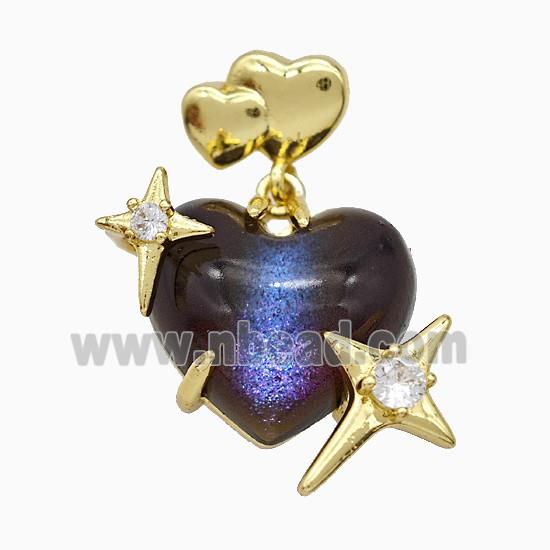 Black Resin Heart Pendant Copper Star Pave Zirconia Gold Plated