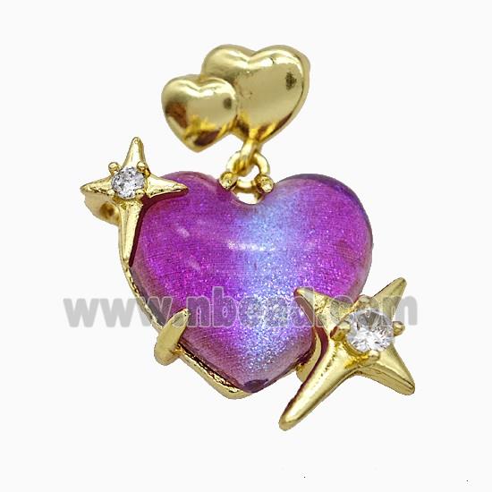 Hotpink Resin Heart Pendant Copper Star Pave Zirconia Gold Plated