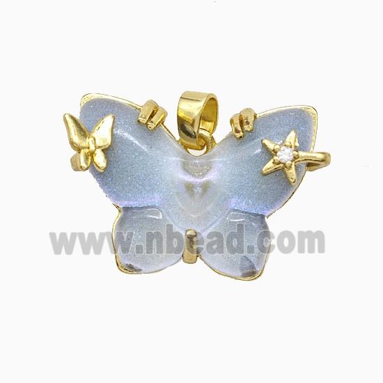 Gray Resin Butterfly Pendant Copper Star Pave Zirconia Gold Plated
