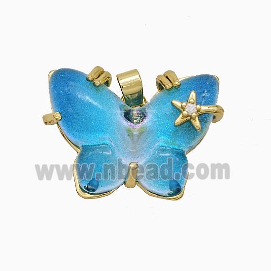 Aqua Resin Butterfly Pendant Copper Star Pave Zirconia Gold Plated