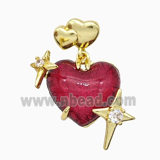 Red Resin Heart Pendant Copper Star Pave Zirconia Gold Plated