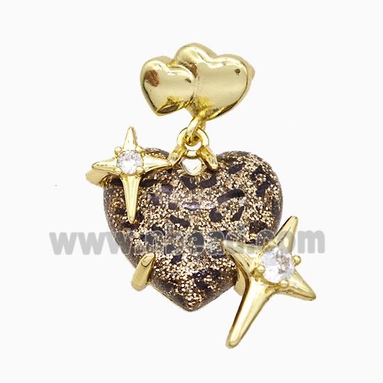 Coffee Resin Heart Pendant Copper Star Pave Zirconia Gold Plated