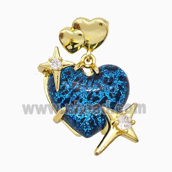Blue Resin Heart Pendant Copper Star Pave Zirconia Gold Plated