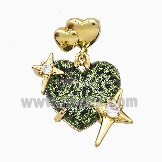 Green Resin Heart Pendant Copper Star Pave Zirconia Gold Plated