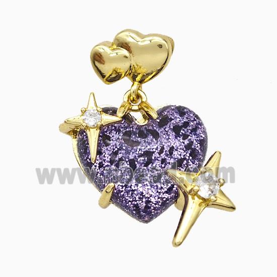 Purple Resin Heart Pendant Copper Star Pave Zirconia Gold Plated