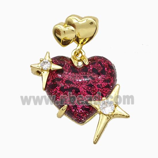 Red Resin Heart Pendant Copper Star Pave Zirconia Gold Plated