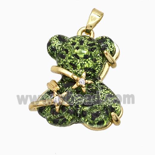Green Resin Bear Pendant Copper Star Pave Zirconia Gold Plated