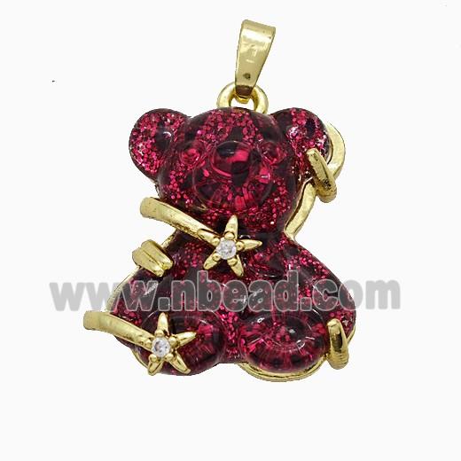 Red Resin Bear Pendant Copper Star Pave Zirconia Gold Plated