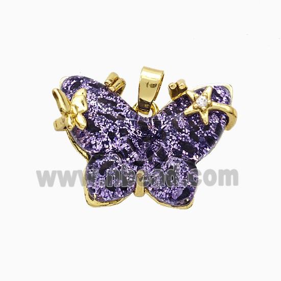 Purple Resin Butterfly Pendant Copper Star Pave Zirconia Gold Plated