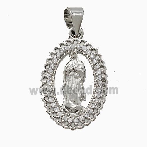 Virgin Mary Charms Copper Pendant Pave Zirconia Platinum Plated
