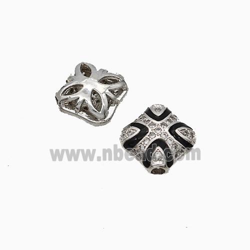 Copper Square Beads Pave Zirconia Black Enamel Platinum Plated