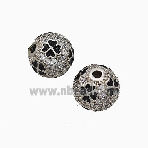 Copper Round Beads Pave Zirconia Black Enamel Clover Platinum Plated