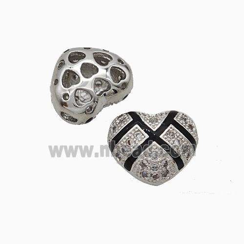 Copper Heart Beads Pave Zirconia Black Enamel Platinum Plated