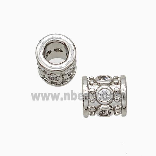 Copper Tube Beads Pave Zirconia Large Hole Platinum Plated
