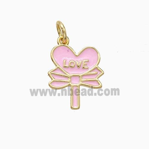 Copper Flower Pendant Love Heart Pink Enamel Gold Plated