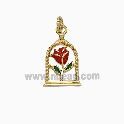 Copper Flower Pendant Red Enamel Gold Plated