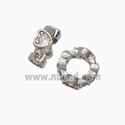 Copper Rondelle Beads Pave Zirconia Large Hole Heart Platinum Plated
