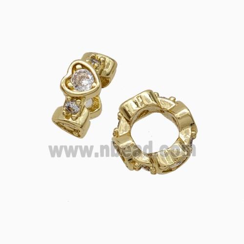 Copper Rondelle Beads Pave Zirconia Large Hole Heart Gold Plated