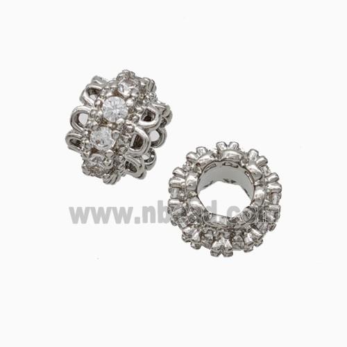 Copper Rondelle Beads Pave Zirconia Large Hole Platinum Plated