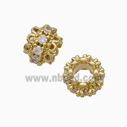 Copper Rondelle Beads Pave Zirconia Large Hole Gold Plated