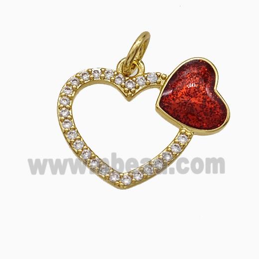 Copper Heart Pendant Pave Zirconia Red Painted Gold Plated