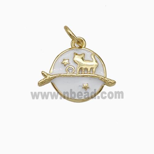 Halloween Cat And Broom Charms Copper Pendant White Enamel Gold Plated