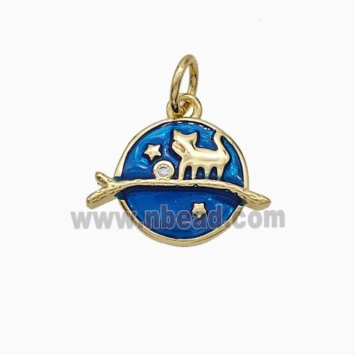 Halloween Cat And Broom Charms Copper Pendant Blue Enamel Gold Plated