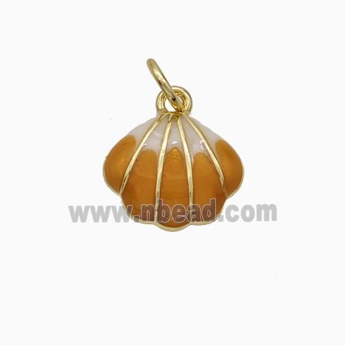 Copper Scallop Shell Pendant Brown Enamel Gold Plated