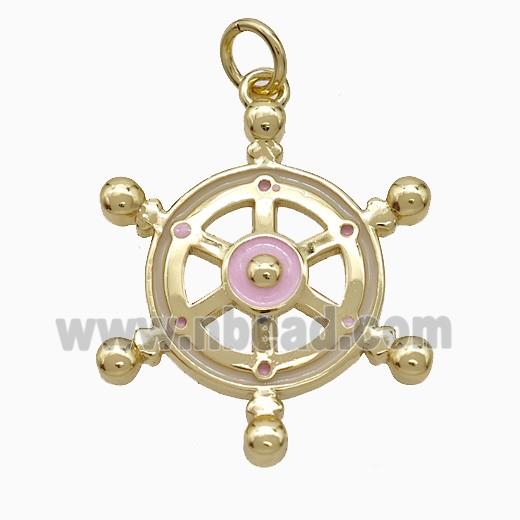 Ship Wheel Charms Copper Pendant Pink Enamel Gold Plated