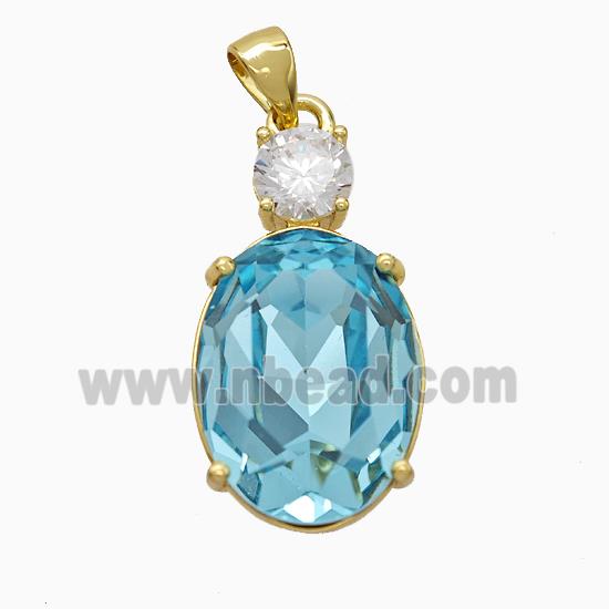 Aqua Crystal Glass Oval Pendant Copper Gold Plated