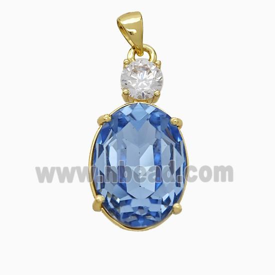 Skyblue Crystal Glass Oval Pendant Copper Gold Plated