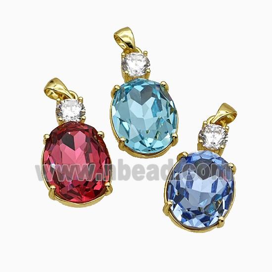 Crystal Glass Oval Pendant Copper Gold Plated Mixed